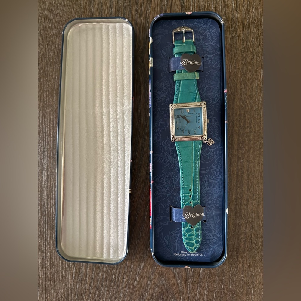 Brighton Turquoise Leather Watch w/Tin & New Battery & Drawstring Jewelry Pouch